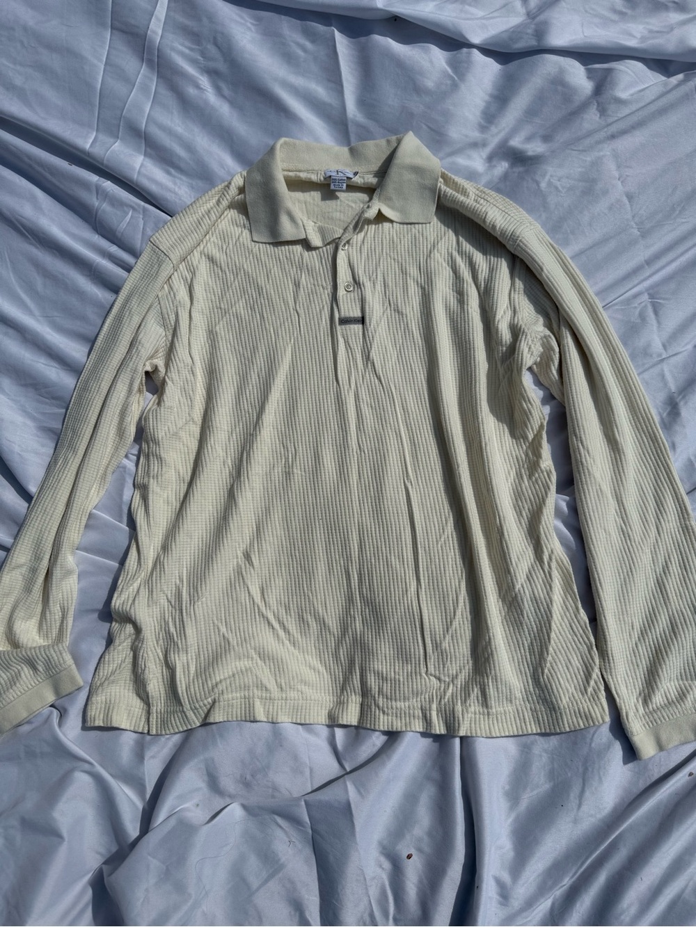 Calvin Klein Long-Sleeve Waffle Polo - Light Cream